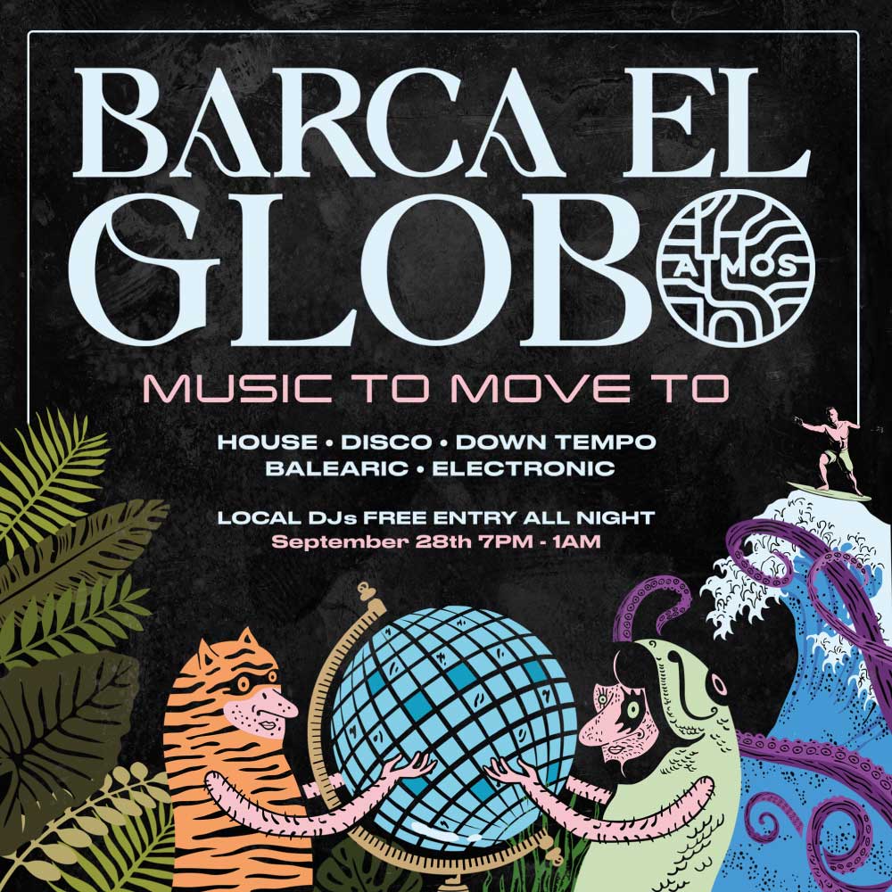 Illustrated artwork for ATMOS music event at Barca El Globo in Tynemouth, featuring a mermaid and tiger character with a mix of jungle and ocean themes.