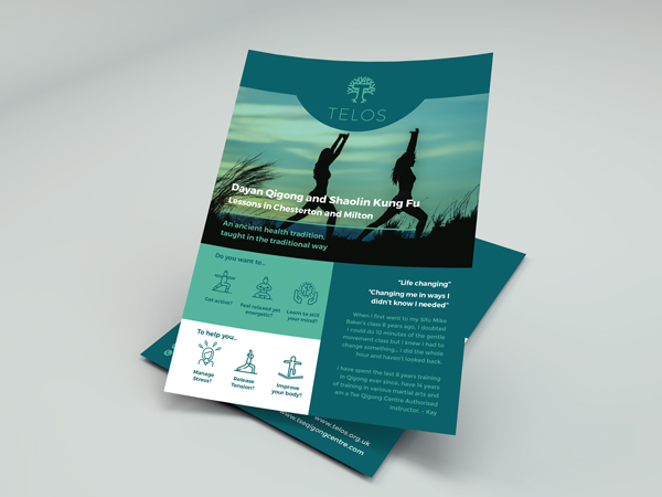 Poster and leaflet designs for complementary therapy business, Telos. Designed by Creative Footing.