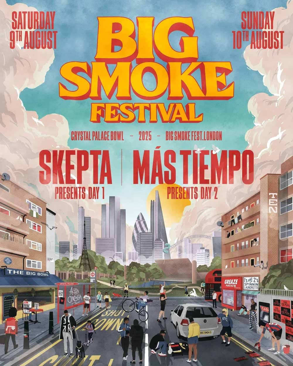 Illustrative poster design for Big Smoke festival, hosted by Skepta, featuring London-themed characters and the London skyline in the background.