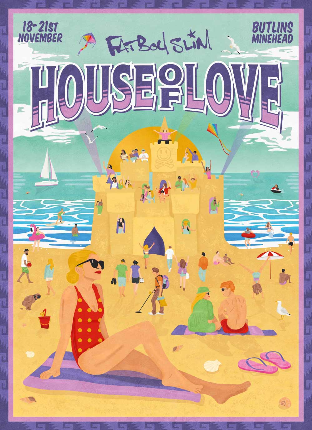 Full festival poster for House of Love featuring Fatboy Slim, with a vibrant beach-themed illustration including a sandcastle, sun, and diverse characters.