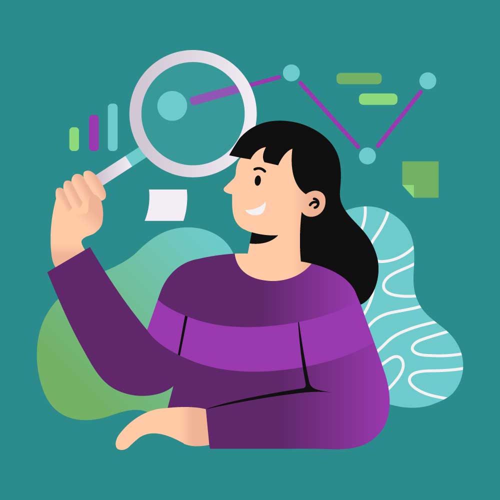 Illustration for Durham-based tech company Insync, featuring a woman holding a magnifying glass surrounded by tech-themed graphics in the brand’s colours and patterns.