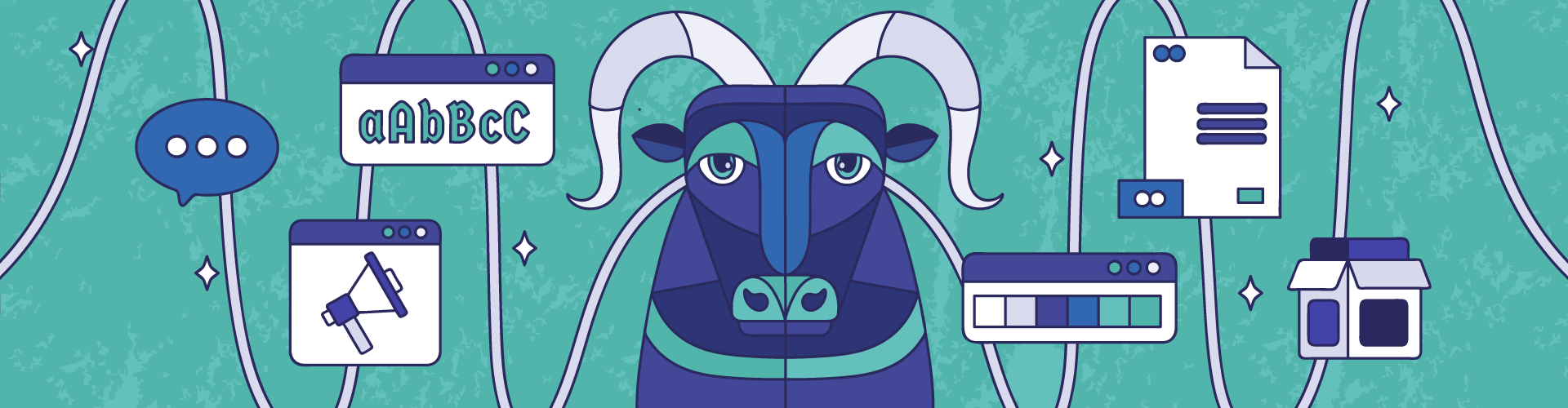 Illustration showcasing brand codes for Creative Footing, featuring the mountain goat mascot, colour scheme, typography, and tone of voice examples.