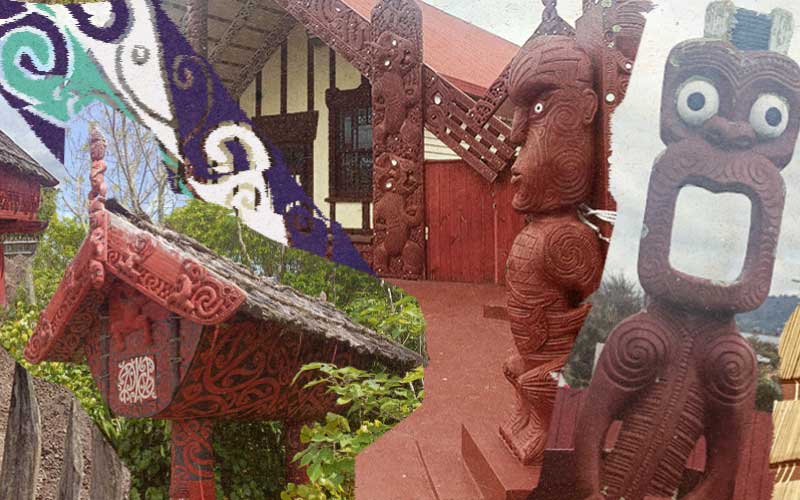 Images showcasing traditional Māori design elements and historic sites encountered throughout New Zealand's North and South Islands.