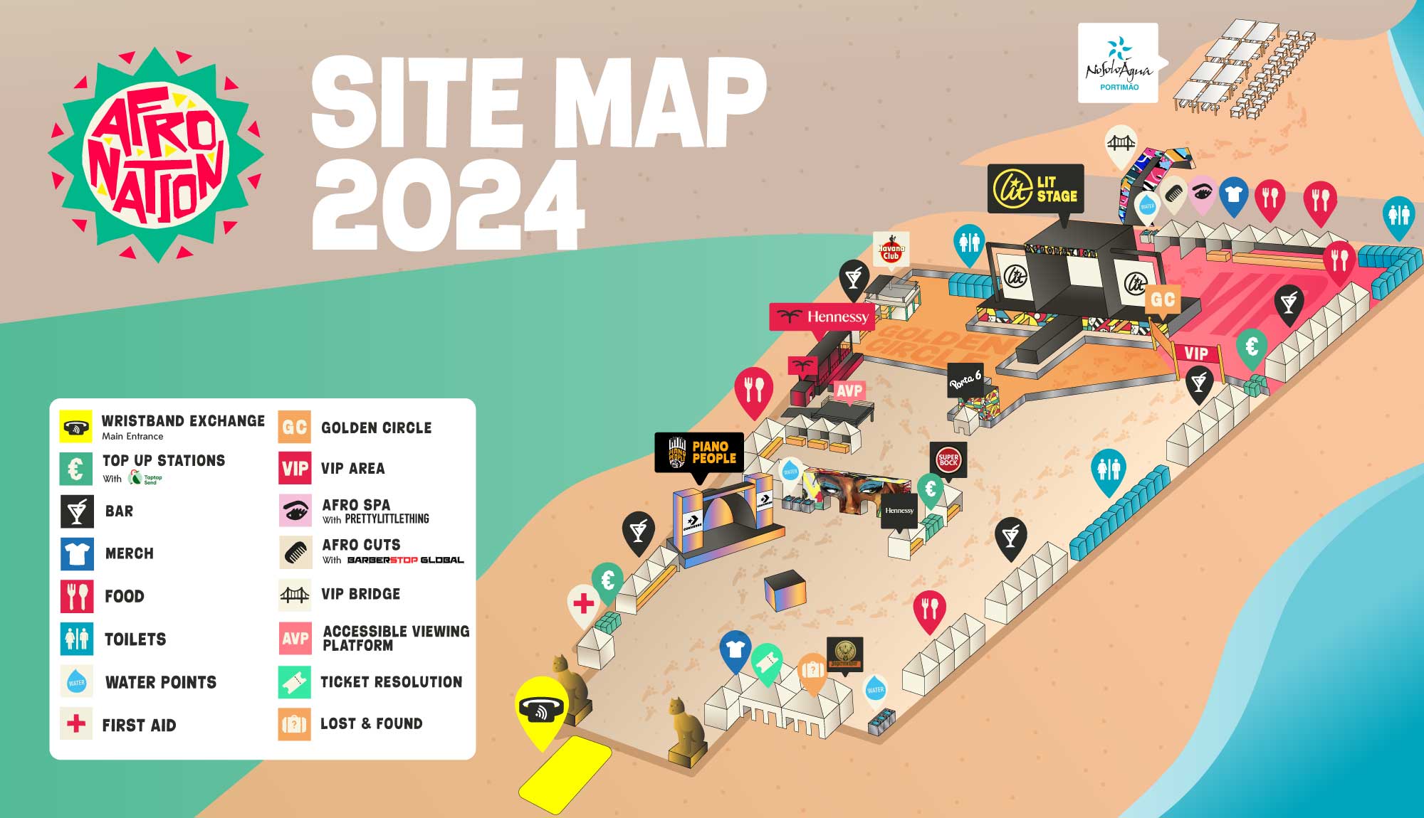 Illustrated sitemap for Afro Nation Portugal 2024, created to help festival goers navigate the event.