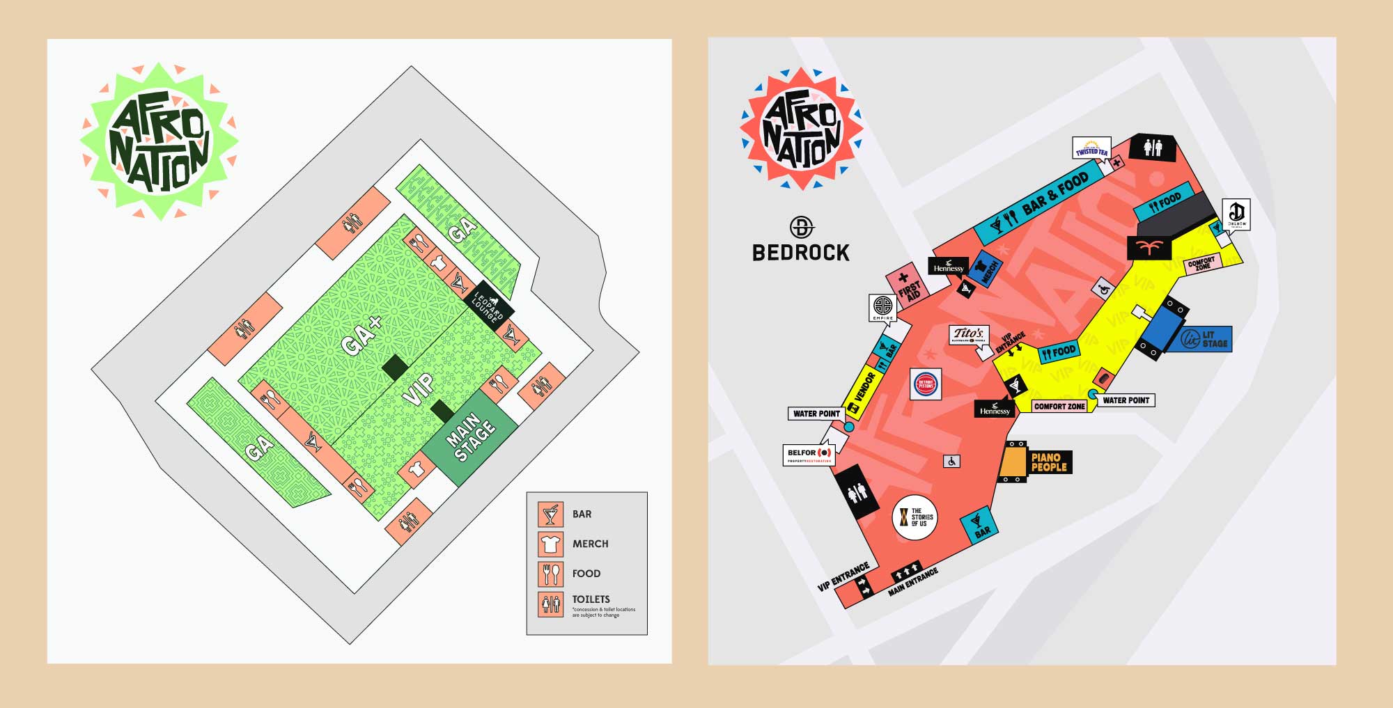 Festival sitemaps designed for Afro Nation events in Detroit and Nigeria.