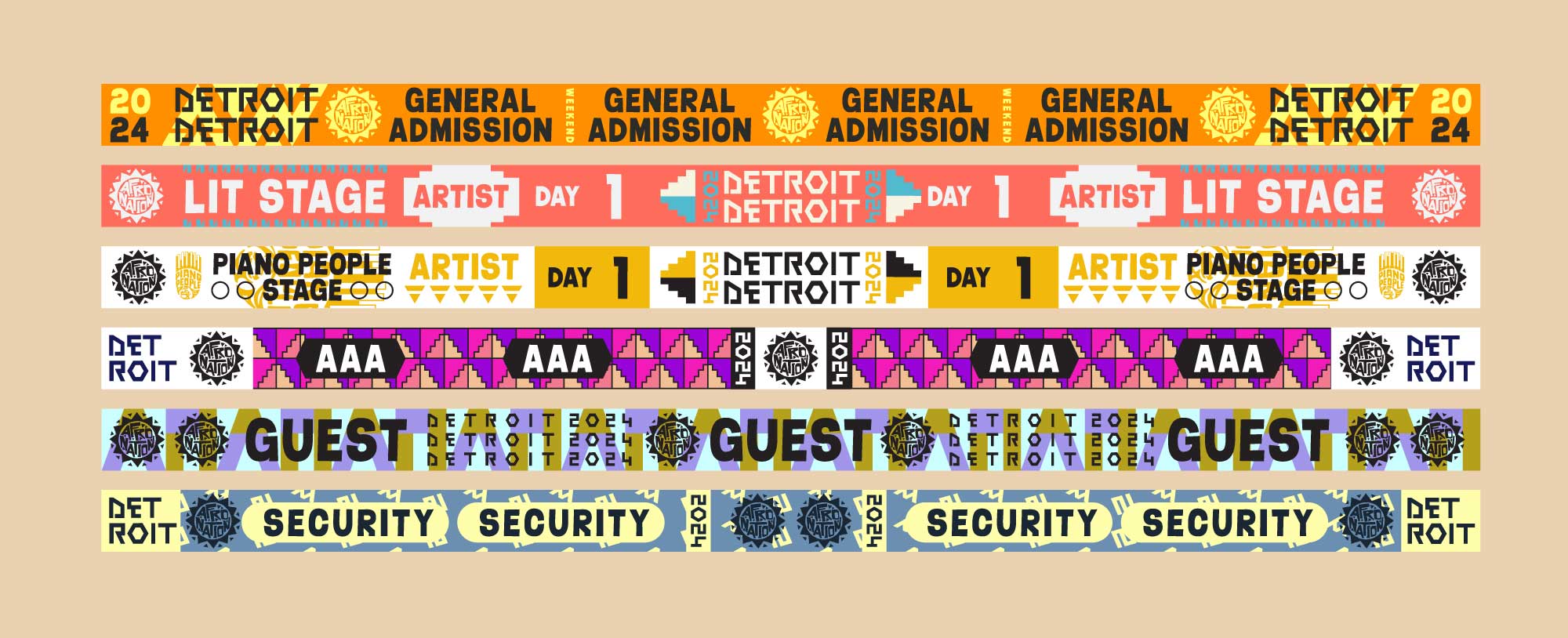 Wristband designs for Afro Nation Detroit festival, created for guests and staff.