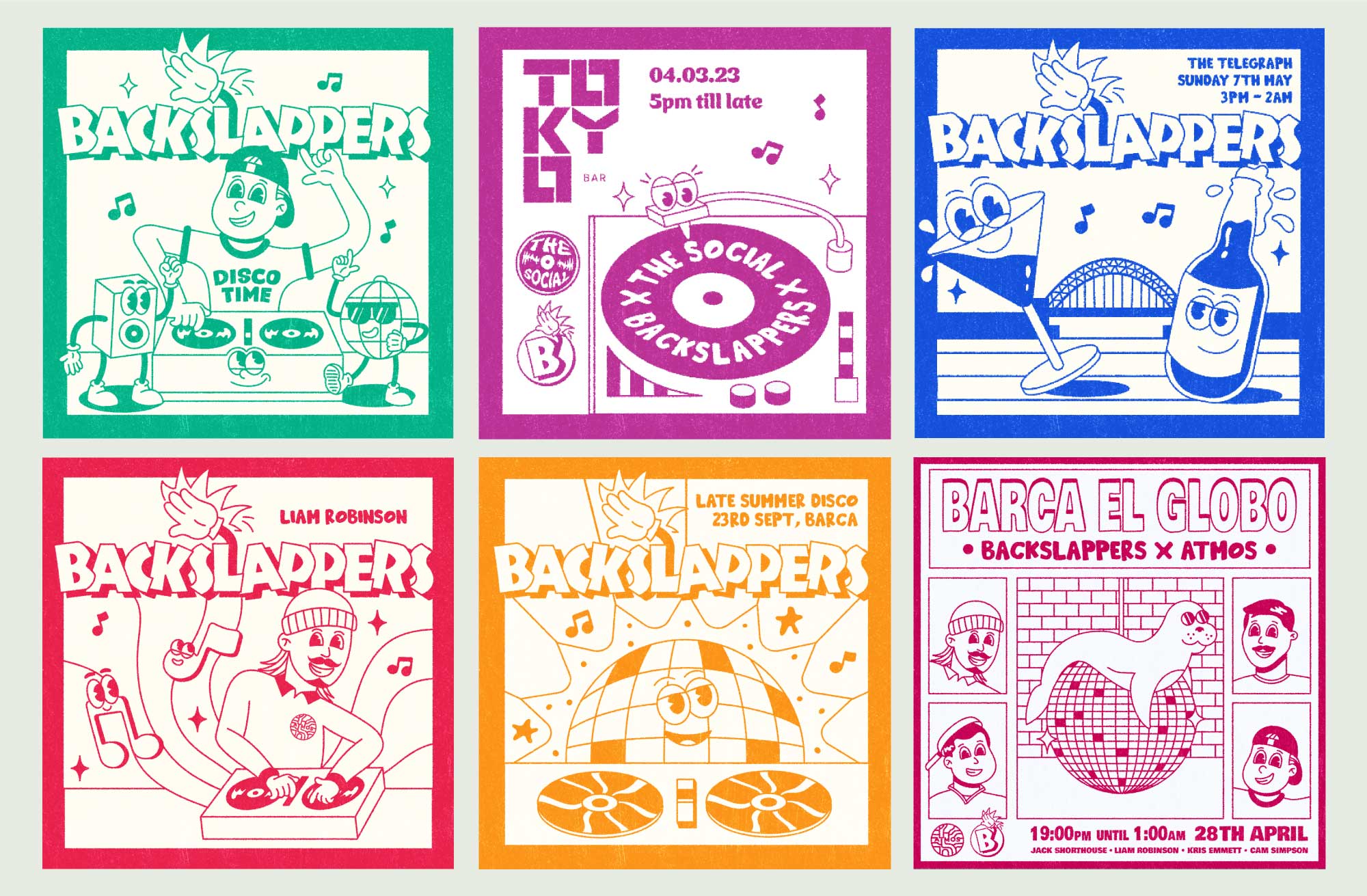 Six social media artwork designs for Backslappers events in Newcastle and Tynemouth, using cartoon-style character illustrations to energize the visual identity. Designed by Creative Footing.