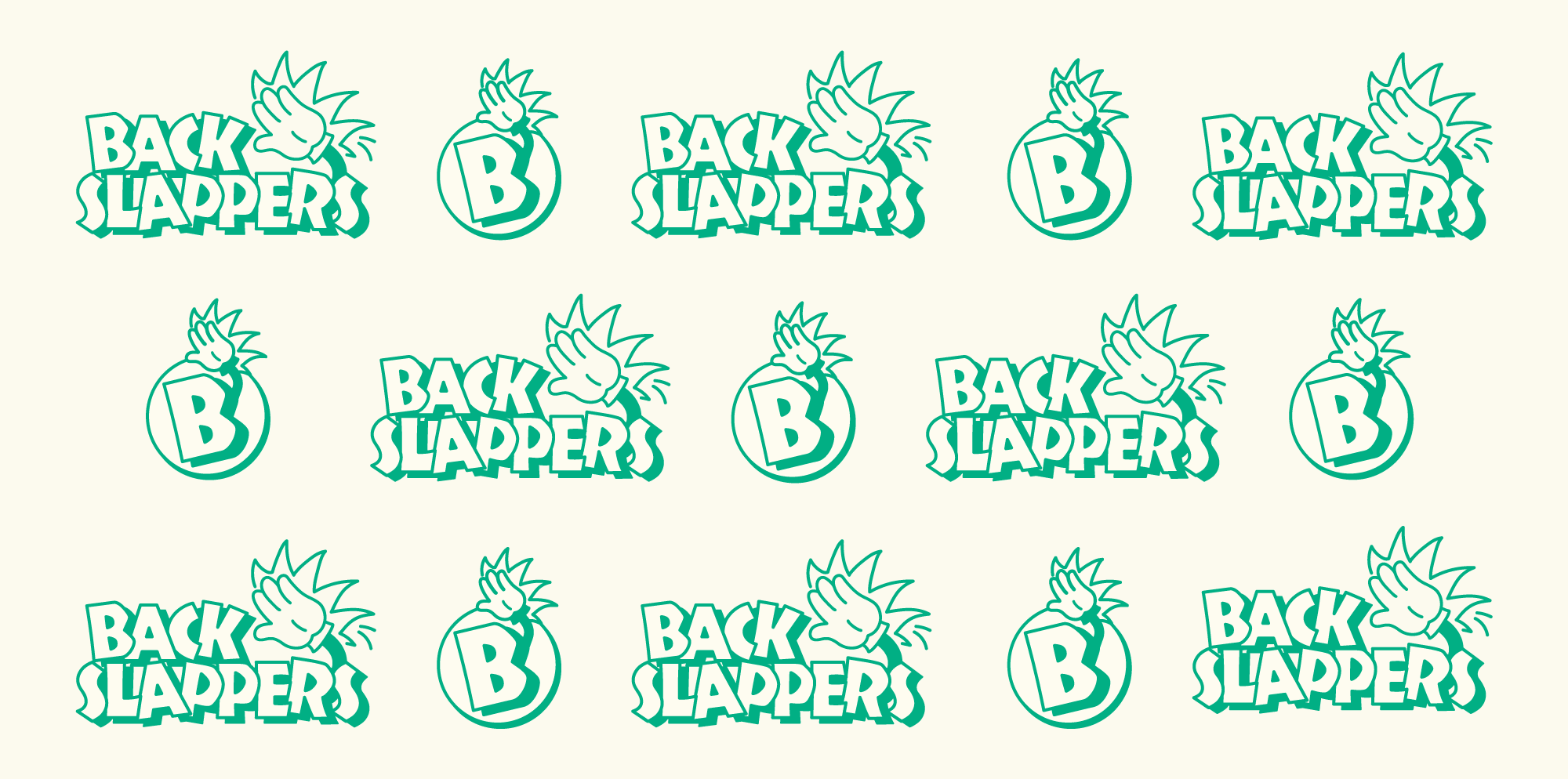 Backslappers logo variations shown as an emblem and a wordmark, highlighting brand flexibility across different materials. Designed by Creative Footing.