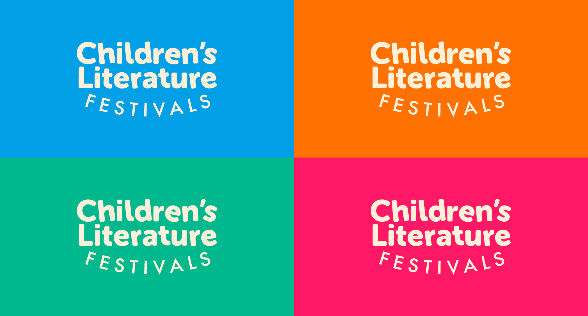 Alternative logo version for the Children’s Literature Festival, shown in the brand’s four primary colours to ensure flexibility across print materials.