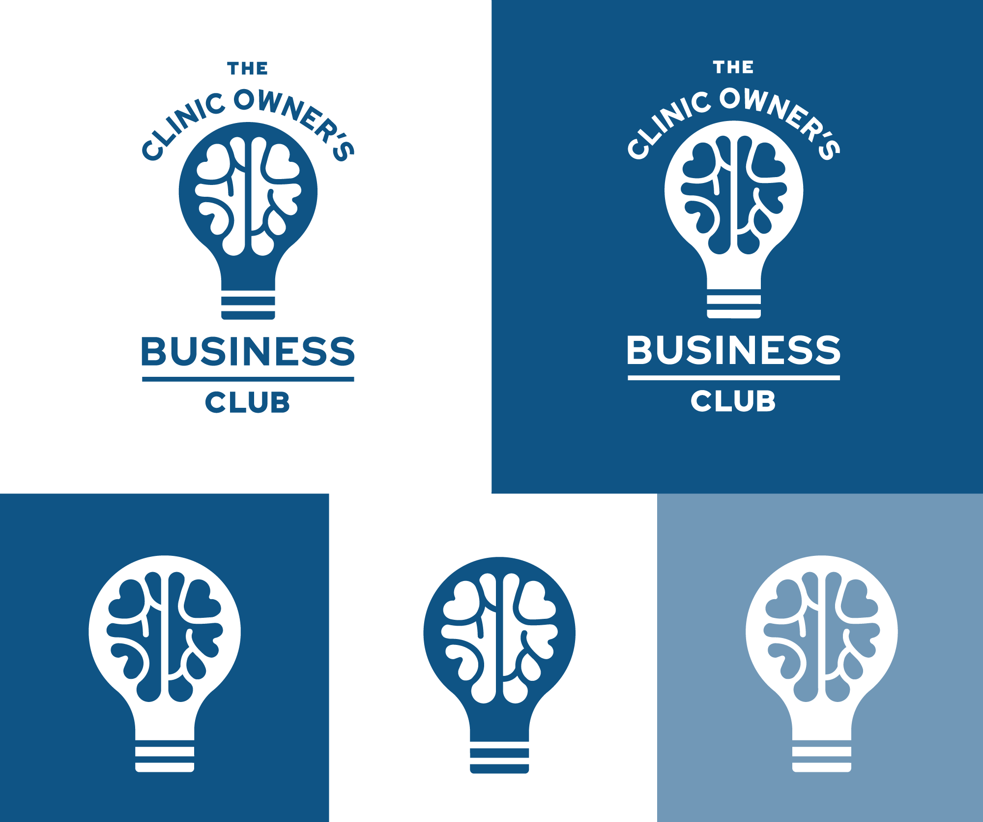 Logo variations for The Clinic Owners Business Club, shown in primary brand colours alongside the emblem for flexible use across print and digital. Designed by Creative Footing.