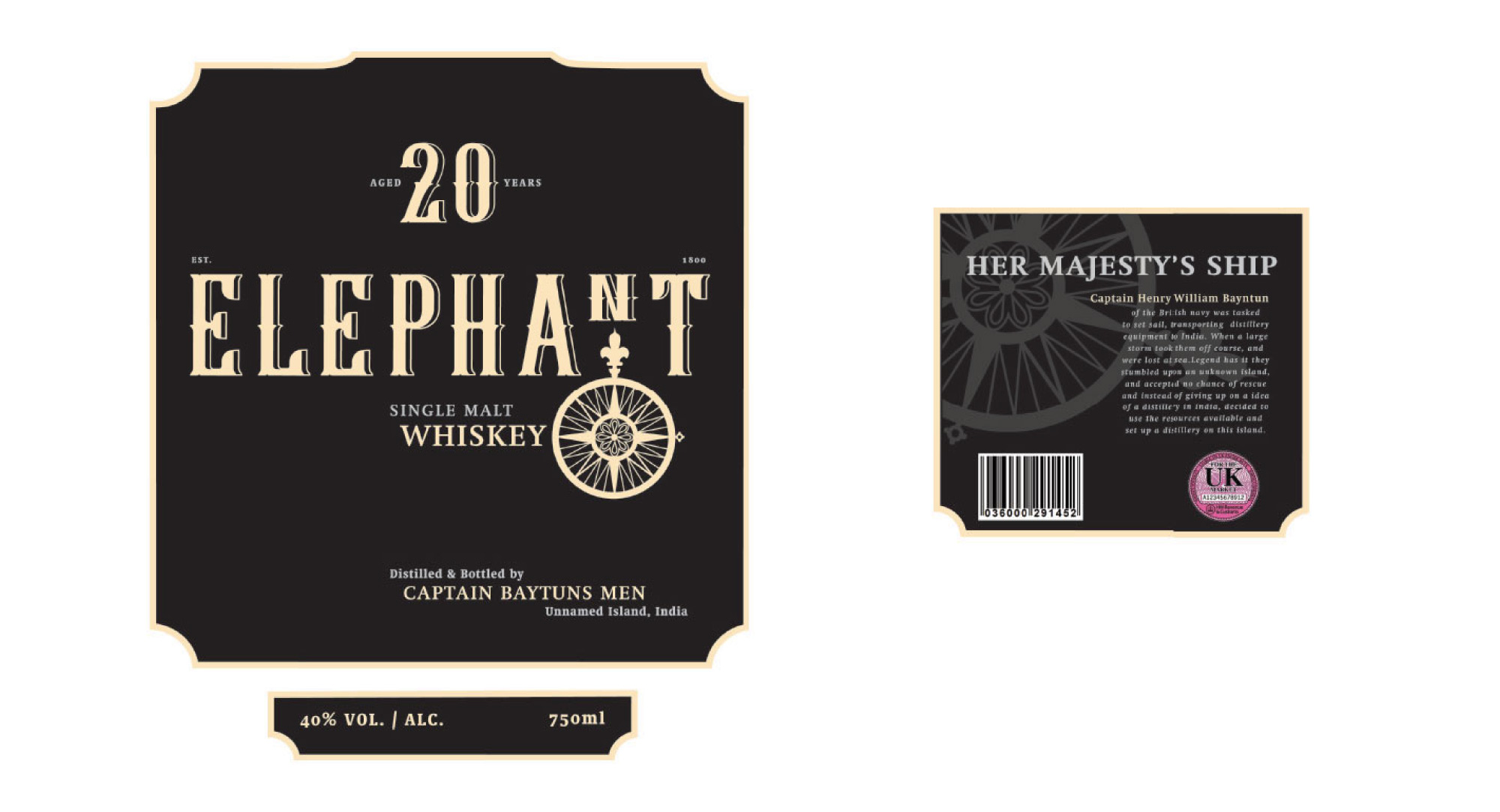 Front and back product label designs for Elephant Whiskey, created to reflect the brand’s nautical heritage. Designed by Creative Footing.