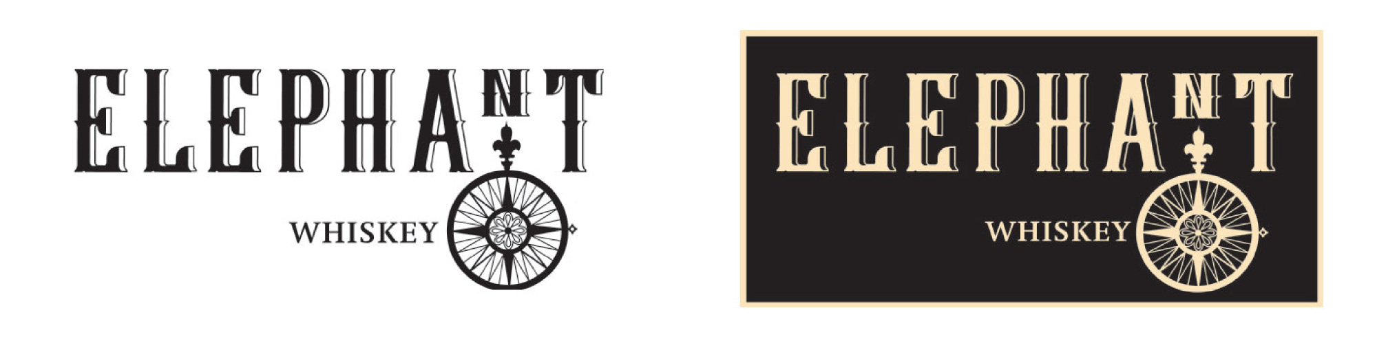 Elephant Whiskey logo design shown in the brand’s two primary colour schemes, featuring vintage typography inspired by 19th-century naval ships. Designed by Creative Footing.