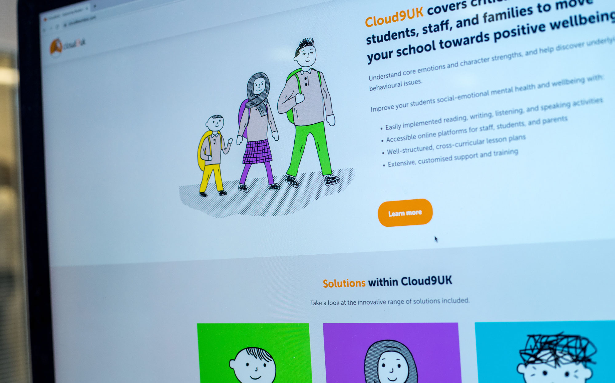 Cloud9UK website visuals showcasing the new illustration style and its effective application across digital platforms. Designed by Creative Footing.