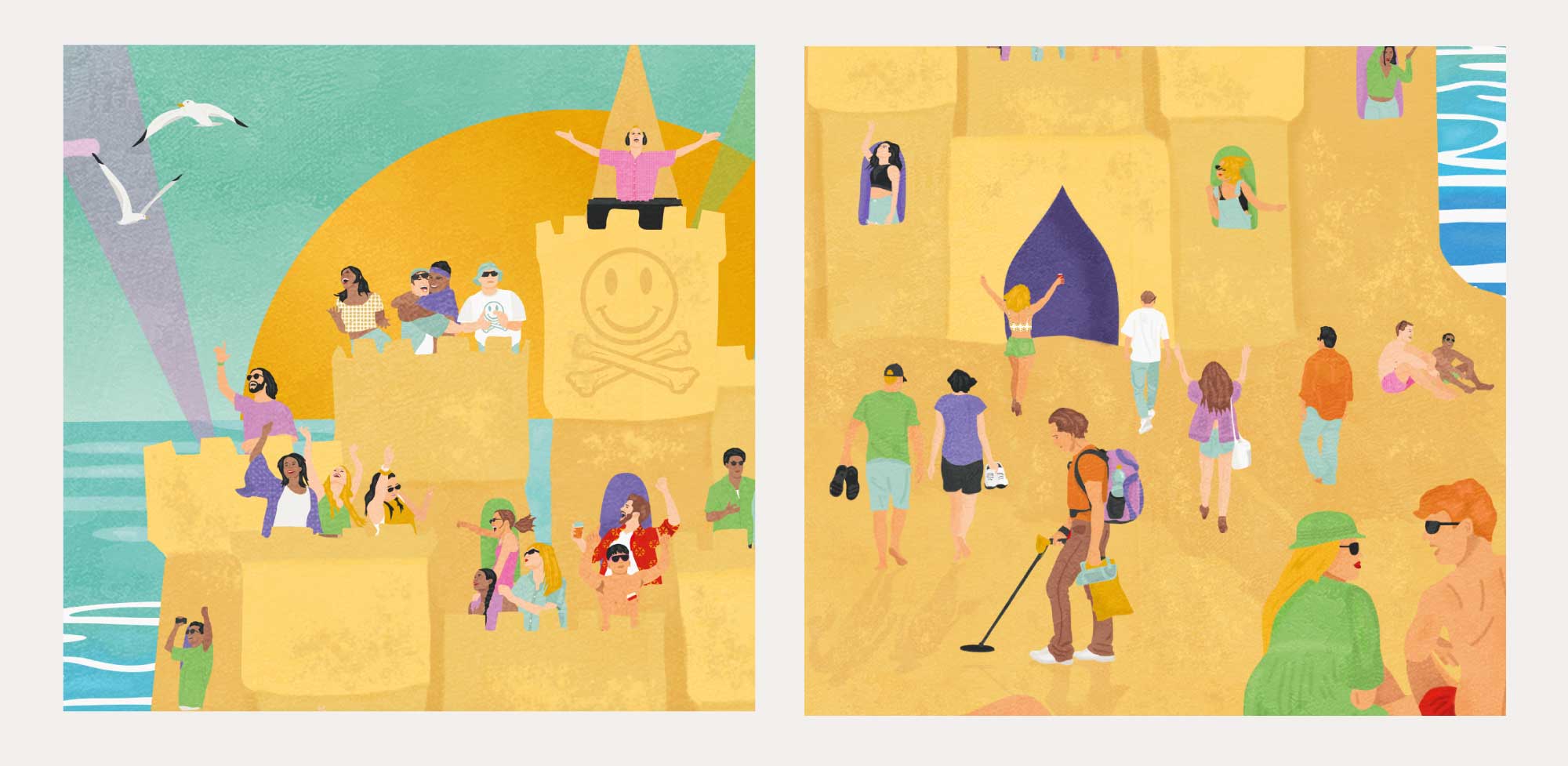 Close-up of character illustrations from the festival poster, highlighting sandcastle details and beach party scenes.