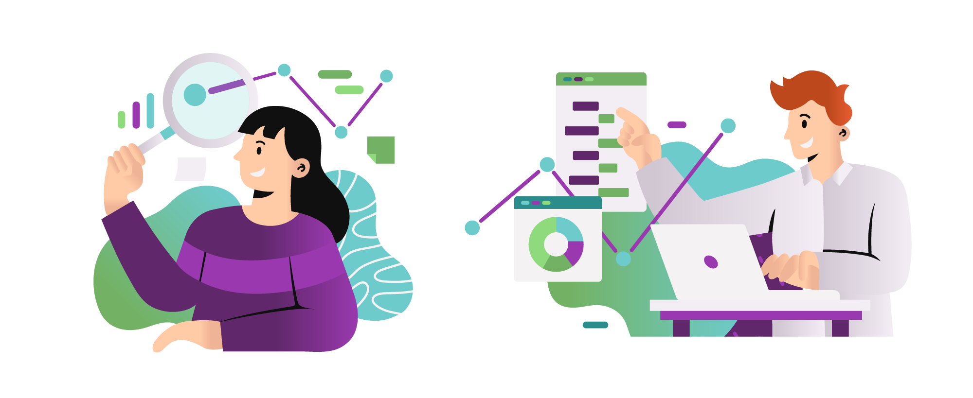 Two character illustrations: a man working on a laptop and a woman analysing data with a magnifying glass, set in an office environment.