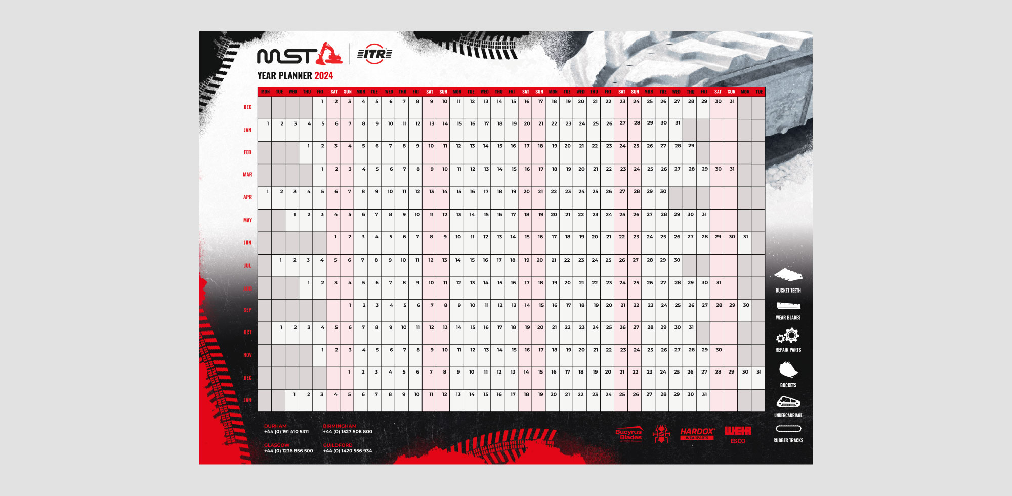 A1 wall planner design created for MST Group, intended for use in offices nationwide to support team planning and scheduling. Created by Creative Footing.