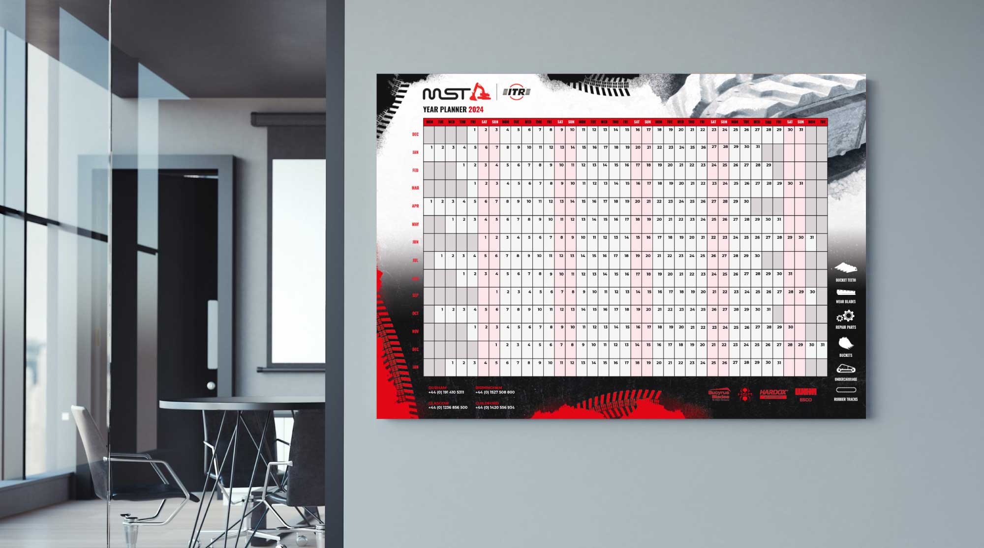 Mock-up of the A1 planner in a real-world setting, showcasing the tyre track motif and its strong visual presence. Designed by Creative Footing.