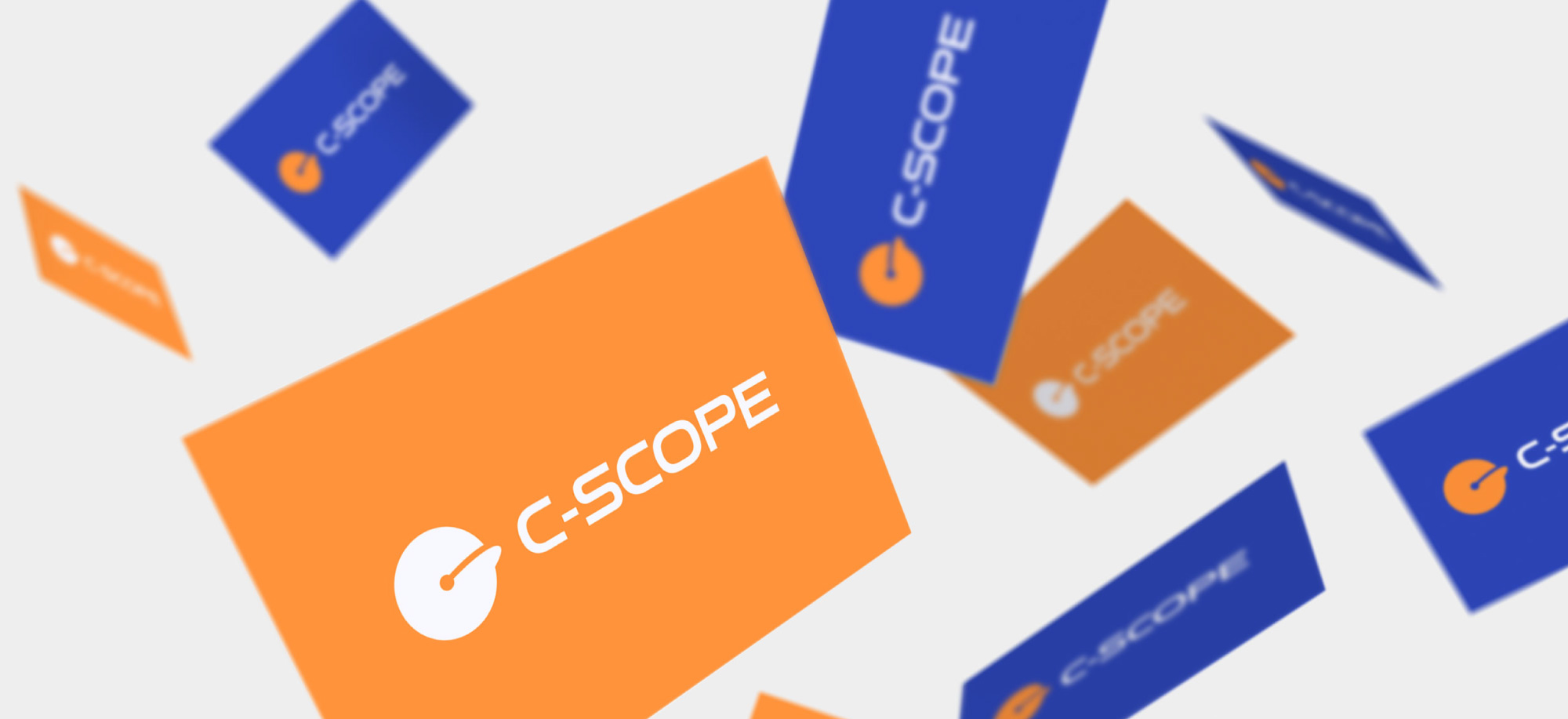 Floating business cards in two alternative colours for the C-SCOPE brand